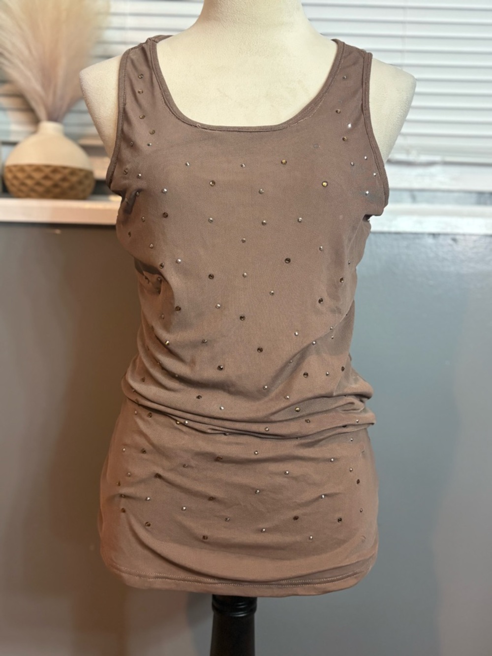 Brown Rhinestone Ruched Mesh Back Tank Top Size Large – Y2K Going Out